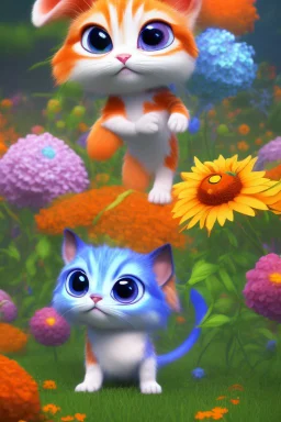 Blue and orange chibi pixar cats with big lifelike eyes and flowers