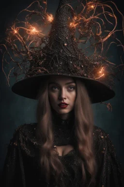 wizard hat Halloween vintage girl, fullbody, creepy, horrifying, sinister, many worms parasite creature connected to heart, sparks around her, sparks cybernetic, intricate, 8k, macro photography,