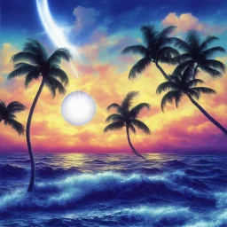 1980's vaporwave aesthetic palm trees with lightning with solar eclipse in the ocean waves sunset