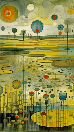 Gray flooded grasslands designed in ancient Egyptian pottery painted by Wassily Kandinsky
