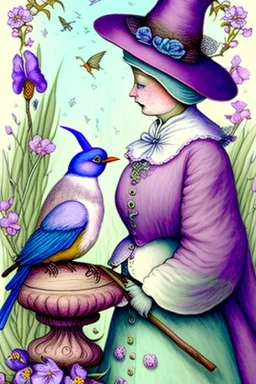 Friendly witch, playing with songbirds, perfect iris, pastel colours, style Beatrix Potter