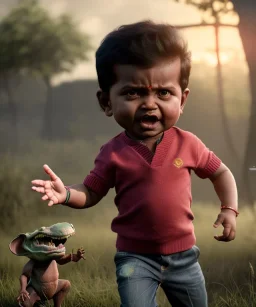 Raj kootrappali toddler, full body, dramatic lighting, angry, hyper realistic,