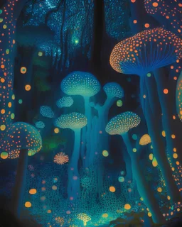An enchanted forest filled with bioluminescent flora and fauna, casting an otherworldly glow on the surroundings, in the style of phosphorescent art, radiant colors, ethereal lighting, and intricate detailing, inspired by the works of Yayoi Kusama and Noemi Schipfer, evoking a sense of awe and fascination with the natural world.