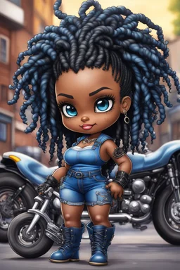 create an airbrush illustration of a chibi cartoon voluptuous black female wearing a blue jean outfit with biker boots. Prominent make up with hazel eyes. Extremely highly detail of a twisted dreadlocks. Background of a bike show.