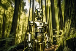 C3PO en mitad de un bosque de hayas, medio cuerpo, fotografía, disparo realizado con una cámara Leica, objetivo 35 mm, retrato, fondo desenfocado