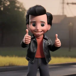 wide view young Fonz with black hair greaser figure doll (thumbs-up) (face) Forehead grin, fonzarelli, ((arnold's drive-in)) fonzie