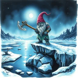 airbrush and pen outline, a glittering Deep Gnome (Svirfneblin) holding huge pickaxe balancing on frozen ice bridge over pond, goa psy ambient in the style of vangelis and fsol, source vibrations,