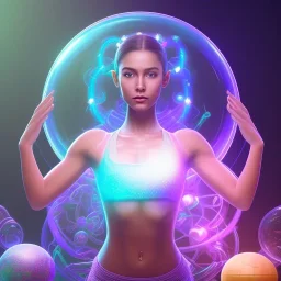 swirl, upper body of young female yoga master holding up a glass shield, power surge , maze background , levitated lab equipment, 4k, Highly Detailed, Masterpiece, perfect eyes, Digital Illustration, Cinematic Lighting, Realistic, Sharp Focus, Centered, Beautifully Lit, Bioluminescent by Stanley Artgerm Lau