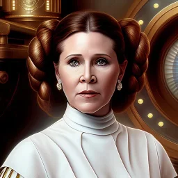 extremely detailed 8k hyperspace wallpaper,complete and photo realistic detailed head to waist stunning photo realistic portrait of carrie fisher as Princess Leia in star wars with photo realistic fine and simple hairstyle, brown eyes, light skin, professional majestic photo realistic painting by Ed Blinkey, Atey Ghailan, by Jeremy Mann, Greg Manchess, Antonio Moro, trending on ArtStation, Intricate, High Detail, Sharp focus, dramatic, by greg rutkowski, realism, beautiful and detailed lighting