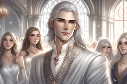 Charismatic, attractive, tanned young man -a prince with long, white hair as snow, grey eyes, smirk, sexy, long hair, looking at viewer standing out amongst noble guests in ball gowns at a gala wearing his silvery clothes in light fabric. Wearing earrings and subtle makeup, and a simplistic crown of silver. Fantasy, Victorian style clothes