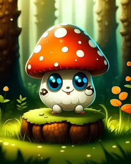 A cute mushroom is sitting on a tree stump in the forest, It has big, glassy eyes that are sad and full of sorrow, Its body is brown, and its hat is white with black dots, The background is a forest with trees, bushes, and flowers, Use bright and vibrant colors to create a fun and cute effect, Add simple patterns and shapes to create an easy-to-color image,Use cute and creative details to add personality
