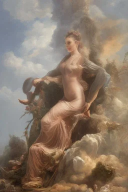 dressed woman on the ladder above clouds