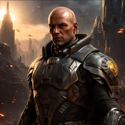 star wars bald male corellian pilot wearing pearlescent black and gunmetal grey First Order special forces heavy assault stealth commando armor and helmet with gold trim inside the jedi temple, hyperdetailed, dynamic lighting, hyperdetailed background, 8k resolution, volumetric lighting, light skin, fully symmetric details