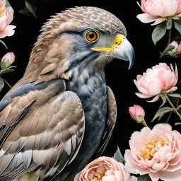 Adobe Prompt: a head study of a bird of prey, side view, surrounded by beautiful peonies, beautiful light, romantic setting, sharp look, shiny feathers, glamour glow, small depth of field. Black background.