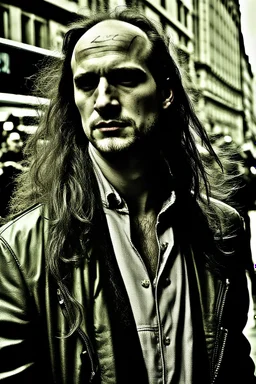 A stalker wants an autograph from a long-haired rock musician on a street in central London. The stalker is an overweight soon bald 25-year-old and looks a bit slimy, the atmosphere is oppressive and unpleasant, lot of traffic and london busses, hectic hour, a nice hotel, fog and rain