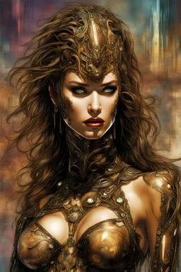 Psycodelic 8k subrealist in vibrant colors Render an 8k image of an android-like Hollywood sensation, embodying both sensuality and technological sophistication. in the Luis Royo style, featuring a unreal dimension grafitti style with intricate derails stunning male superstar cubism jewles if gold , diamonds and blood half-human and half-android.with Andreas Achenbach art style collaboration details