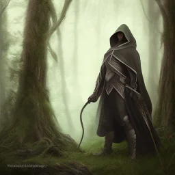 Male, Dark hair, Digital Art, Archer, Hooded Cloak, Dark Forrest background