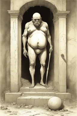 The full body of a fat man holding a bat , all in white color coming out a broken wall, decayed and rotting with grotesque proportions and imagery. surreal horror, biomechanical design, by hr giger and beksinski
