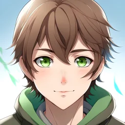 A teenage boy, thick soft brown hair, green eyes with slight flecks of blue and brown, boyish face, pale skin with light brown freckles dusting his nose and cheeks, anime style, looking into camera, front facing,