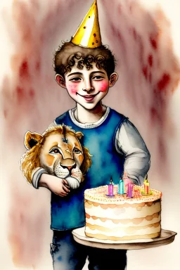 A cute smiling jewish boy is holding a lion and a birthday cake. Watercolour