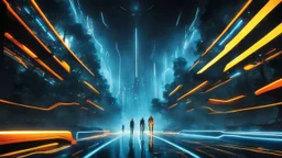 tron legacy movie, creatures,, space ships, city of the future, trees , forest, yellow, blue, red, orange