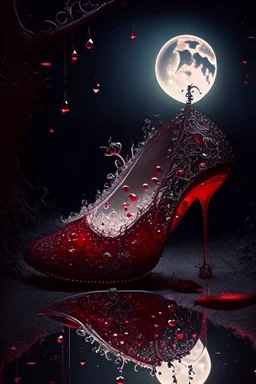 dark fantasy, intricate cover, a whimsical fairytale, translucent shoe made of moonlit glass with drops of crimson blood underneath