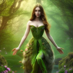 apple, upper body of selda, fast walker, as a brunette young cute feminine woman, short hair, green forest background, pond, mega flowers,peacock,sun light