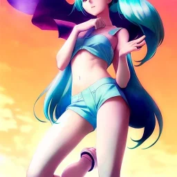 Anime art of beautiful Hatsune miku with beautifel legs by artgerm, ross tran, magali villeneuve, Greg Rutkowski, Gil Elvgren, Alberto Vargas, Earl Moran,, Art Frahm, Enoch Bolles