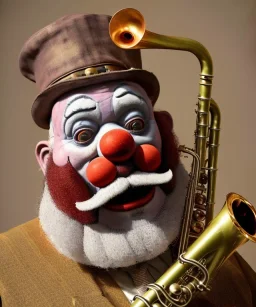 mechanoid old friendly fat clown with trimmed beard playing jazz with a steampunk theme, trumpet, salvador dali