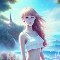 beautiful girl day, sunny, relaxing, sea, trees, real details --v anime style