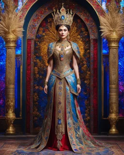 📷 👸 Realistic Photographs full length image A Beautiful Pretty Queen sweet stand with adorned with elaborate patterns and motifs. The design should incorporate vibrant colors, such as reds, blues, yellows, and purples, creating a stained glass effect. The figure should have elements that resemble feathers or leaves radiating from the head,luxurious palace background