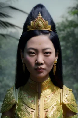 Thailand girl head portrait, warrior costume, village, meditation, woods, cyberpunk, 8k quality