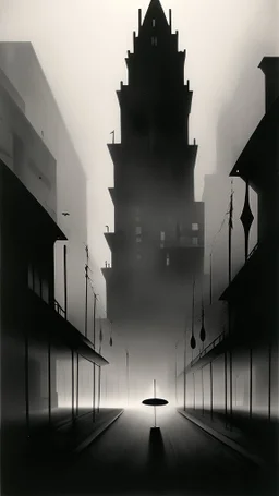 Dark street night figure fog odd Yves Tanguy spooky