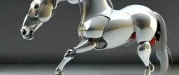 A robotic horse with an Apple logo called “iBots”, suggesting it’s made from an Apple product’s casing. Its glossy white and silver limbs are mechanically jointed, reflecting a scarabet’s anatomy. The design is a creative fusion of technology and organic form, compactly labeled “ibots.” Hyper detailled, hyper realistic, 4K, sharp render