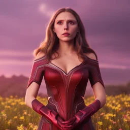 Feiticeira escarlate, Elizabeth Olsen, feiticeira, magia, rosto detalhado belo, bonita, cenário em um campo de flores, cinematográfico, dramático, por do sol, campo de flores, cores frias