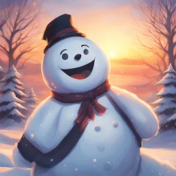 a villanous grin angey snowman, serene and peaceful sunset background, soft sunlight, 2d anime art,