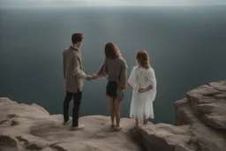 Only one guy and a girl are standing on the edge of a cliff and holding hands