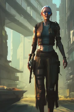 cyberpunk saggy granny woman, abandoned sci-fi town, future, sci-fi