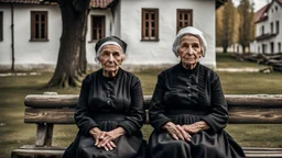 gloomy-looking old women sitting in black villager dress and wearing east european black head scharf on wooden bench in front of white old house outside in an authentic east european village, high detalied, professional photo, high qualit, high textures. The high-resolution image captures the essence of authenticity and realism, transporting the viewer to another time and place.