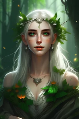 Elf girl, beautiful, leaf and rowan crown, white hair, green eyes, in the forest