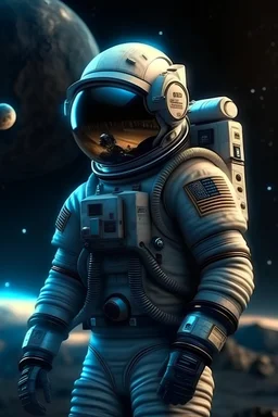 An astronaut stays on a surface of an unhabitable planet. There is a patch of steel eagle on his arm near shoulder. Futuristic.