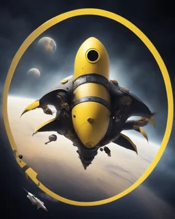 A strange creature flying in space on top of a speeding rocket. It has a head in the shape of a yellow and black circle with yellow edges as well