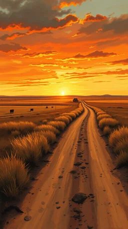 dirt road with sunset in the prairies, old western, painting based on grainy photo, orange brown tones