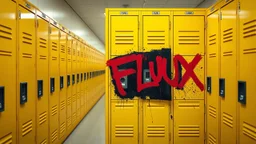 photograph of a row of pristine clean yellow school lockers in a hallway, but a single locker is juxtaposed as being dented, black, dirty with graffiti red text "FLUX", concept art, hyperreal