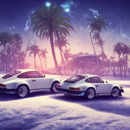 1980's aesthetic vaporwave palm trees with porsche in the winter snow with lightning