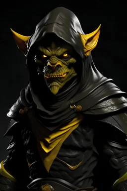 attractive male goblin with yellow eyes wearing full leather armor, a black hooded cloak and a full face mask