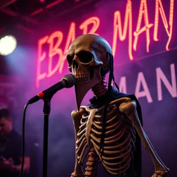a very thin swedish man (near skeleton), with a plague mask with only a hole for the mouth (no eyes), he is called "KEBAB MAN" performing at death metal club, his name is "KEBAB MAN" kebab rolls On stage, kebab Neon lights and smog, and "KEBAB MAN" big sign on the wall, kebab tribal tattooes, spinning kebab machines, flames and smoke, chaos, he singing with mic,
