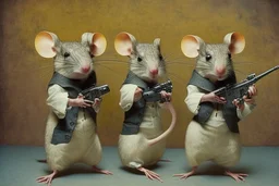 pulp-fiction costumed taxidermy mice with pistols in hands