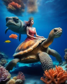 magical vibrant colors underwater Beautiful Queen in deep blue sea beautiful corals,fishs and she on sitting driving giant turtle story photography fantasy art