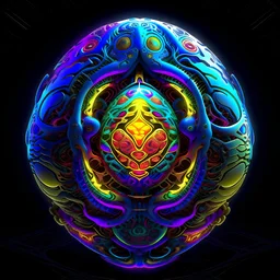 hyper detailed colorful subtractive sphere fractal design showing a glowing alien inside egg.